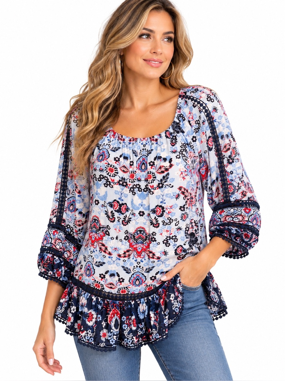 Boho Floral Peasant Top in Light Blue and Navy